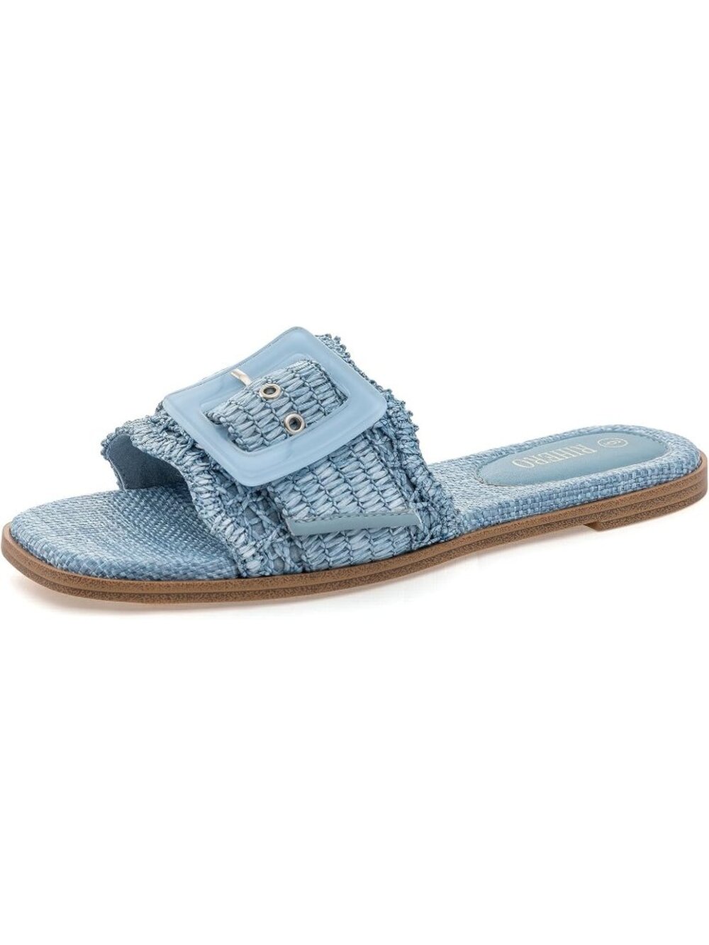 Women's Blue Summer Square Open Toe Raffia Woven Buckle Flat Slide Sandals